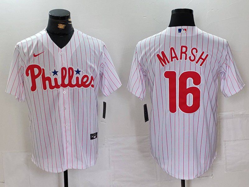 Men Philadelphia Phillies 16 Marsh White stripe Nike Game 2024 MLB Jersey style 1